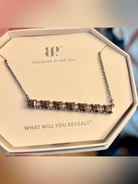 Bomb Party Brown Square Crystal Bar Necklace with Silver Accents NEW in box!